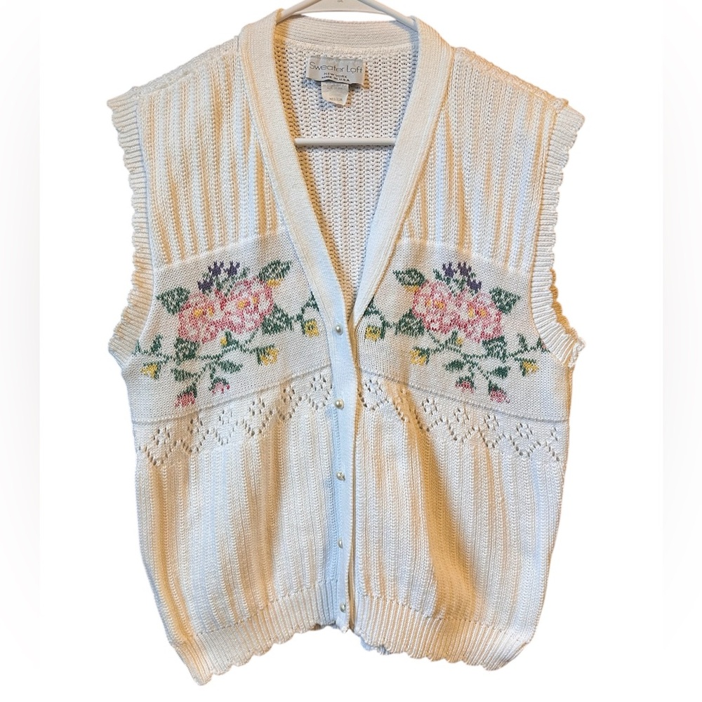 Vintage Sweater Loft white floral button up sweater vest Medium